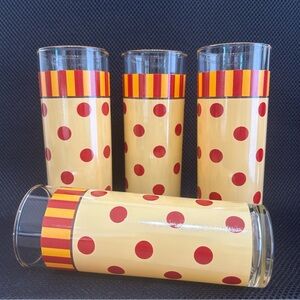 VTG MCM Set Of 4 Gail Pittman Tom Collins 12 oz Glasses Polka Dot Red Yellow 7”